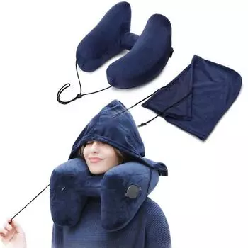 Надувная подушка для шеи в виде самолета для путешествий на открытом воздухе H-типа, моющаяся дорожная подушка с чехлом, надувная подушка для поддержки шеи в виде самолета, синий