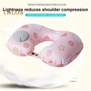Надувная U-образная подушка для шеи Портативная пресс-надувная эргономичная поддержка головы и шеи с мультяшным животным принтом Сверхлегкий автомобиль Самолет Поезд Открытый розовый