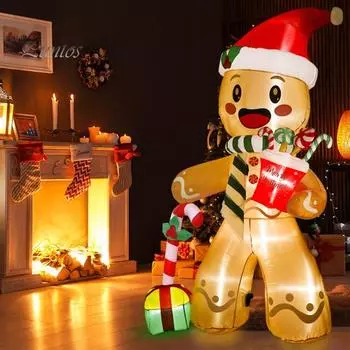 Надувной пряничный человечек с 8 светодиодными лампами, быстро надуваемый/сдуваемый, игрушки в виде имбирного человечка, уличное рождественское украшение, надуваемый для рождественского праздничного декора US Plug