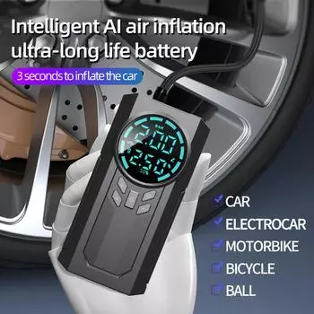 Надувной воздушный компрессор с кабелями, 3-х режимный фонарик, ЖК-дисплей, внешний аккумулятор чёрный
