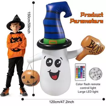 Надувные украшения для Хэллоуина в виде привидения, надувные украшения для двора, милый волшебник-призрак с тыквой и встроенными светодиодами для садового газона