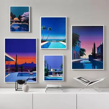 Нагаи Хироши Палм-Спрингс закат бассейн печать Винтаж японский поп-плакат украшение дома настенная живопись на холсте 21cm30cm NoFrame