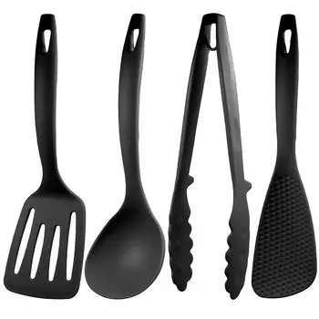 Nagao Tsubamesanjo Mini Kitchen Tool 4 Fry Return Made in Japan Set, Pieces, Ladle, Tongs, Spatula, Black,