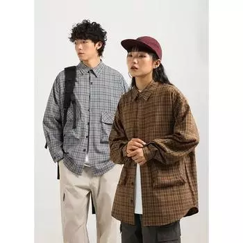 Nagawl2024 Осень и Зима Новая Американская Ретро Гонконгский Стиль Японская Свободная Рубашка в Клетку с Длинным Рукавом Мужская Повседневная Куртка M хаки