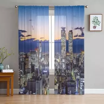 Nagoya Japan Cityscape At Twilight Chiffon Sheer Curtains for Living Room Bedroom Kitchen Decoration Window Voiles Tulle Curtain 135W x 114H(cm)