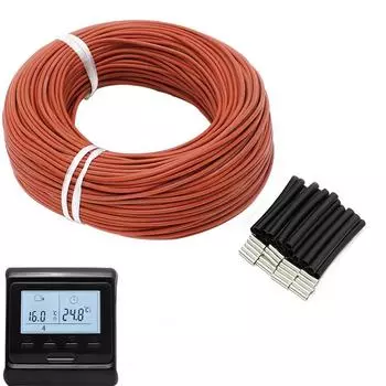 Нагревательный кабель и термостат длиной 50 м. Комбинированный подогрев пола из углеродного волокна 12K. Дальнее инфракрасное отопление с термостатом M6. 50m cable+Thermostat чёрный