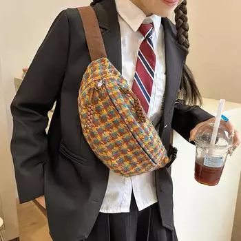 Нагрудная сумка через плечо женская сумка в клетку легкая поясная сумка синий