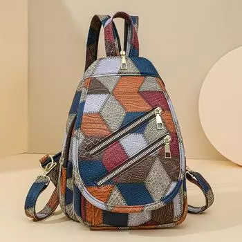 Нагрудная сумка с цветными блоками, женский рюкзак из мягкой кожи, уличный дорожный рюкзак с двойной молнией синий