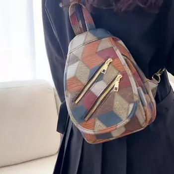 Нагрудная сумка с цветными блоками, женский рюкзак из мягкой кожи, уличный дорожный рюкзак с двойной молнией синий