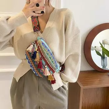 Нагрудная сумка с кисточками, застежкой-молнией и регулируемым ремешком, в стиле бохо, с узором через плечо зелёный