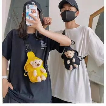 Нагрудная сумка с милым медведем для девочек, диагональная сумка, маленькая японская повседневная сумка-мессенджер, сумка для телефона, сумки через плечо, сумки с отверстием для наушников чёрный
