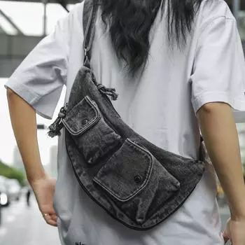 Нагрудная сумка женская ретро-сумка из стираного денима модная крутая сумка-мессенджер с локомотивом многокарманная повседневная мужская сумка-мессенджер для велоспорта хаки
