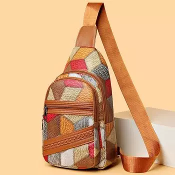 Нагрудная сумка женская сумка через плечо контрастная мягкая кожаная маленькая многослойная сумка коричневый