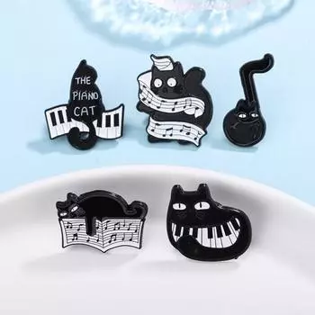 Нагрудник Черный Кот Эмаль Брошь Мурлыкающий Котенок Бьющаяся Нота Милый Значок Кота Пианино Унисекс Style A