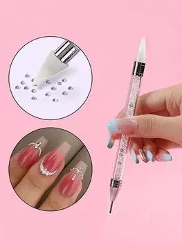 Nail Art Rhinestone Decoration Tool One Piece, Wax Head, Self-adhesive Double-headed Bead Setting Pen With Wax Head Diamond Tip белый