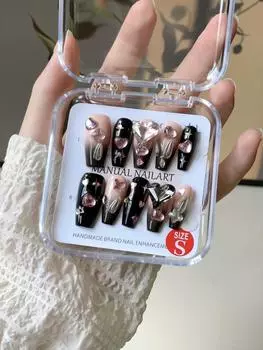 Nail Handmade Patch Wearing Nail Pink Black Highgrade Glitter Fashion Design XS