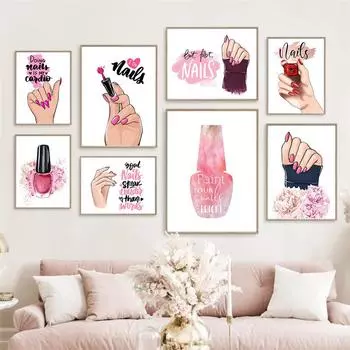 Лак для ногтей Помада Художественная печать Модный постер Салон красоты Украшение Картина на холсте Розовая настенная картина Комната для девочки Домашний декор 21x30cm No Framed