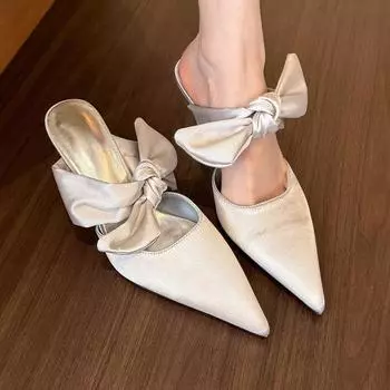 Най Бай Премиум! Атласные остроконечные туфли-банты Muller женские туфли-мешки на голову полутапочки 35 белый