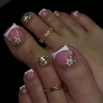 Naked Pink French White Edge Nail Piece Flash Diamond Flash Toenail Маникюр Летний цветочный ноготь