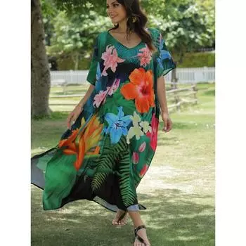 Накидка больших размеров в стиле бохо, женская накидка больших размеров с v-образным вырезом и цветочным принтом, с короткими рукавами и разрезом One-size разноцветный