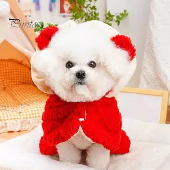 Накидка для домашних животных с капюшоном, теплая флисовая зимняя одежда для собак, одежда для холодной погоды для повседневной носки и прогулок на свежем воздухе L красный