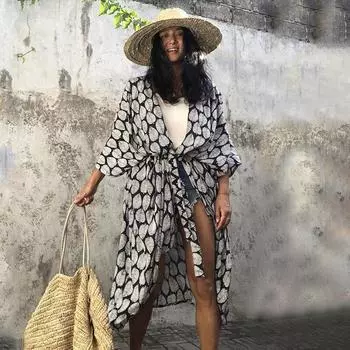 Накидка для купальника, пляжная накидка для женщин, летние листья, принт, длинный кимоно, кардиган, хлопок, пляжная одежда One Size красный