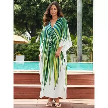 Накидка для отпуска больших размеров, женская накидка с зелеными листьями и V-образным вырезом, свободная посадка, плетеная в китайском узле с разрезом по бокам, рукав «летучая мышь», пляжная накидка One-size