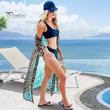 Накидка на бикини с длинным рукавом и передней планкой на шнуровке, шифоновый длинный кардиган, быстросохнущая куртка с леопардовым принтом, защита от ультрафиолета, пляжная солнцезащитная куртка коричневый