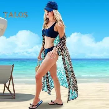 Накидка на бикини с длинным рукавом и передней планкой на шнуровке, шифоновый длинный кардиган, быстросохнущая куртка с леопардовым принтом, защита от ультрафиолета, пляжная солнцезащитная куртка коричневый