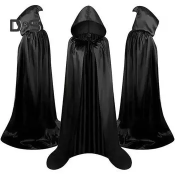 Накидка на Хэллоуин, черный средневековый халат волшебника с капюшоном, костюм для косплея, плащ для выступлений на Хэллоуин для взрослых и детей 90 cm чёрный