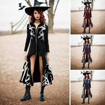 Накидка на Хэллоуин с принтом и капюшоном с длинными рукавами и застежкой-молнией IrCasual Hem Королевский стиль Костюм для выступления на сцене Готический XXL чёрный