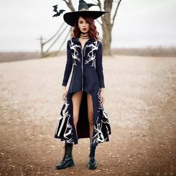 Накидка на Хэллоуин с принтом, капюшоном и длинными рукавами, застежка-молния, неровный подол, Королевский стиль, костюм для выступления на сцене, готический халат XXL чёрный