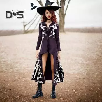 Накидка на Хэллоуин с принтом, капюшоном и длинными рукавами, застежка-молния, неровный подол, Королевский стиль, костюм для выступления на сцене, готический халат, плащ XXL чёрный