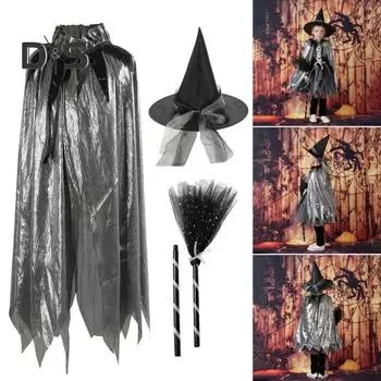 Накидка на Хэллоуин, ведьма, метла, шляпа ведьмы, легко носить, детский плащ для девочек, костюм, аксессуары для косплея 1pc чёрный