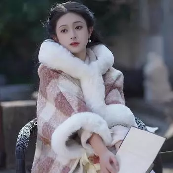 Накидка-шаль Cheongsam для женщин, осенне-зимняя теплая клетчатая накидка с флисом, утолщенная шерстяная накидка с капюшоном и большим меховым воротником