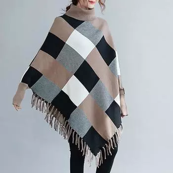 Накидка шаль летучая мышь рубашка летучая мышь вязаный свитер женское пальто топ толстый осень и зима новый стиль темперамент шоу тонкий высокий воротник кисточка one size красный