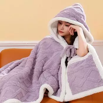 Накидка-шаль с капюшоном для дома и улицы теплая толстая двухсторонняя плюшевая машинка синий