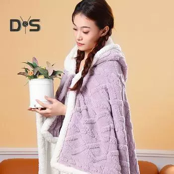 Накидка-шаль с капюшоном для дома и улицы, теплая, толстая, двухсторонняя, плюшевая, машинная стирка, двустороннее пончо, одеяло для путешествий, офиса, работы, школы, фартук синий