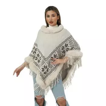 Накидка шаль вязаная шаль меховой воротник бисерный бахрома подол свитер женский 85*80CM бежевый