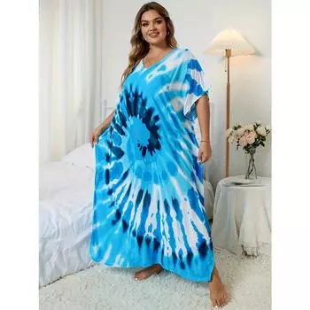 Накидка в стиле бохо больших размеров, женская пляжная накидка размера плюс в форме сердца и спирали с принтом тай-дай, с рукавами «летучая мышь» и v-образным вырезом, с разрезом One-size разноцветный