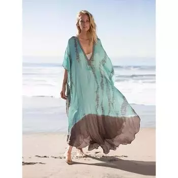 Накидка в стиле бохо больших размеров, женская пляжная одежда размера плюс с цветными блоками и рукавами «летучая мышь» с v-образным вырезом и круглым подолом, макси-накидка One-size разноцветный