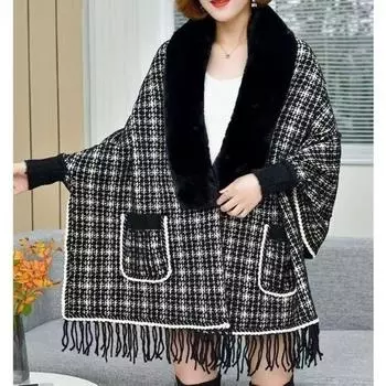 Накидка женская осенне-зимняя шаль модная и стильная высококачественная трикотажная внешняя оболочка утолщенный свитер клетчатый женский one size белый