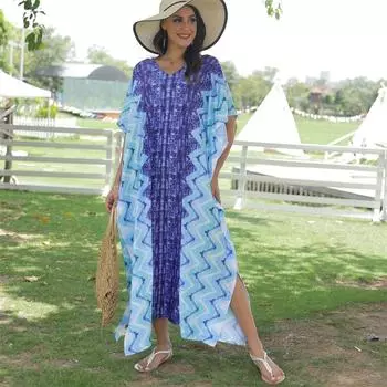Накидки на бикини большого размера, быстросохнущая ткань, синее богемное принтом с круглым вырезом, коротким рукавом и боковым разрезом, летнее пляжное платье для женщин, одежда One Size синий