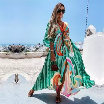 Накидки на бикини, длинное платье с принтом в стиле бохо, сексуальная пляжная туника с поясом, лето 2022, женская пляжная одежда, накидка для купального костюма S зелёный