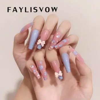 Накладные ногти-бабочки с жемчужным бантом, длинные французские накладные ногти с клеем, полное покрытие, типсы для девочек, маникюр, украшение для дизайна ногтей