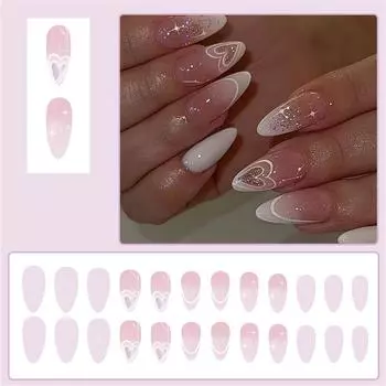 Накладные ногти ко Дню святого Валентина Миндальные накладные ногти Акриловые ногти Полное покрытие накладных ногтей Накладные ногти с блестками