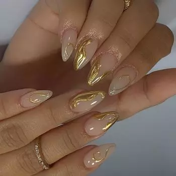 Накладные ногти короткий миндаль, накладные ногти с 3D нерегулярными металлическими линиями, глянцевые наклейки для ногтей, полное покрытие, типсы для ногтей