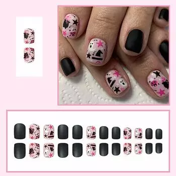 Накладные ногти на Хэллоуин, короткие, квадратные, черные, с полным покрытием, на клею, ногти на Хэллоуин с милым привидением One Size