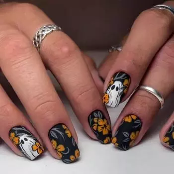 Накладные ногти на Хэллоуин, темные лесные желтые цветочные накладные ногти, милые короткие квадратные накладные ногти, блестящие черные искусственные ногти, 1 набор из 24 шт. One Size белый