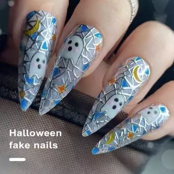 Накладные ногти с длинным кончиком, призрак Хэллоуина, стильный гламурный дизайн, веселый, безопасный, длительный срок службы, противоломкие накладные ногти синий